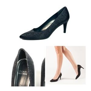 Stuart Weitzman Black Pumps Heels Textured Leather Pointed Toe sz 7,5 Excellent